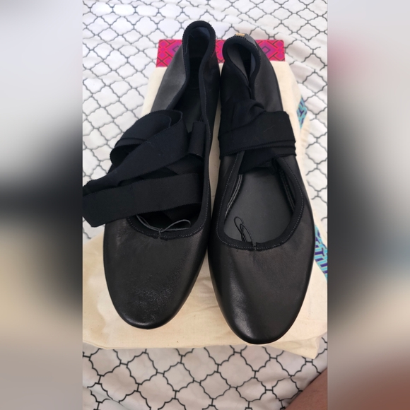 New Tory Burch Elodie Lace Up Black Ballet Flats Size 10.5 - Picture 2 of 14